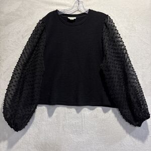 Maeve by Anthropologie Top Women 2X Black Textured Sheer Puff Sleeve Relaxed Fit
